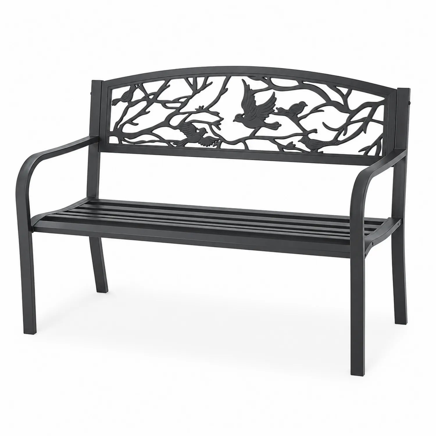 Ławka ogrodowa metalowa czarna z motywem ptaków 126x60x85 cm
