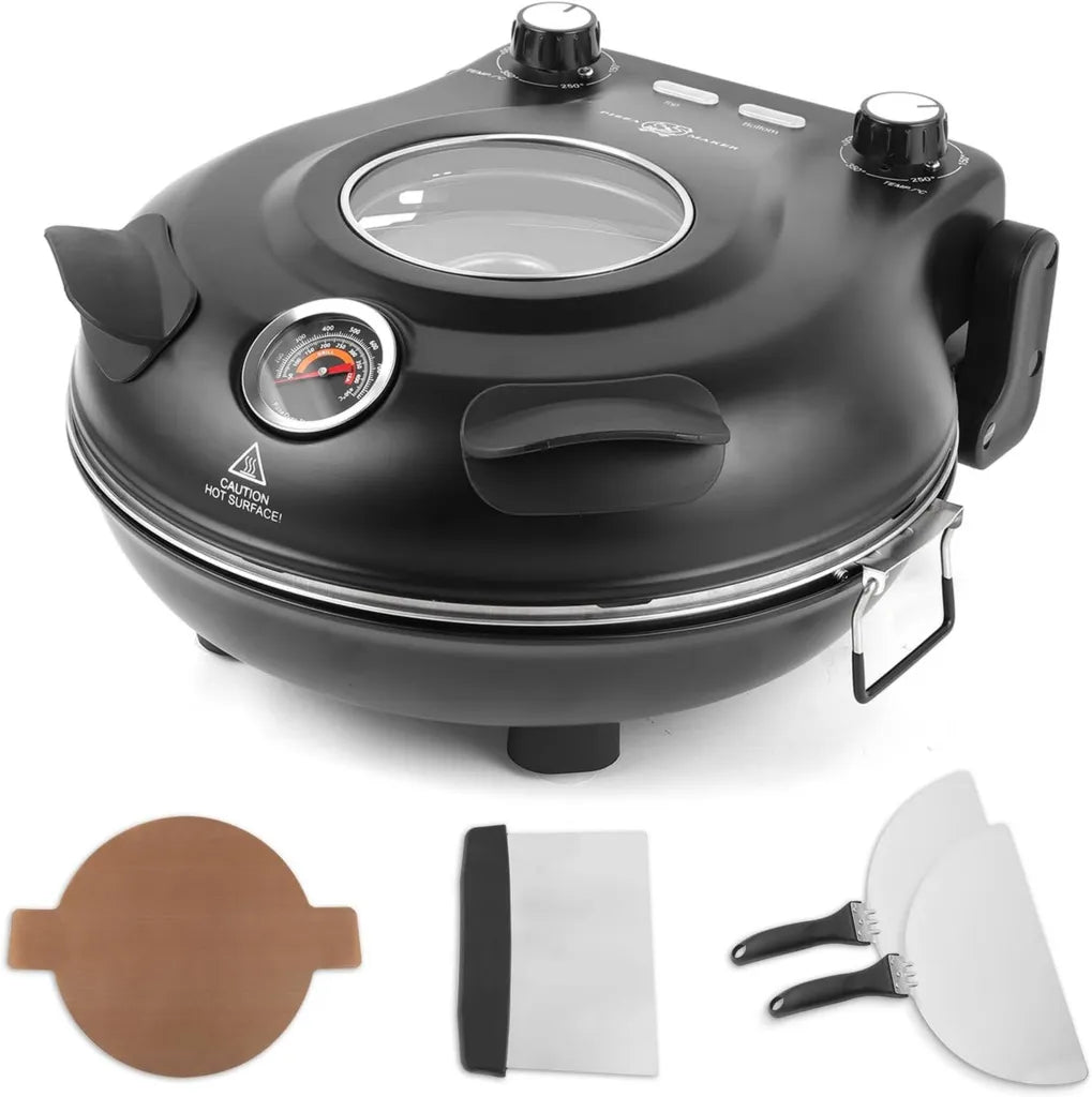 KLAIF Elektryczny piec do pizzy z kamieniem ceramicznym 31 cm, regulacja temperatury, 4 narzędzia, czarny