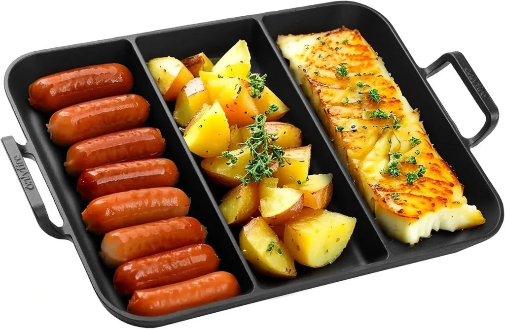 Uniwersalna żeliwna patelnia grillowa 40x30 cm, 3-częściowa, do grilla gazowego i węglowego Onlyfire