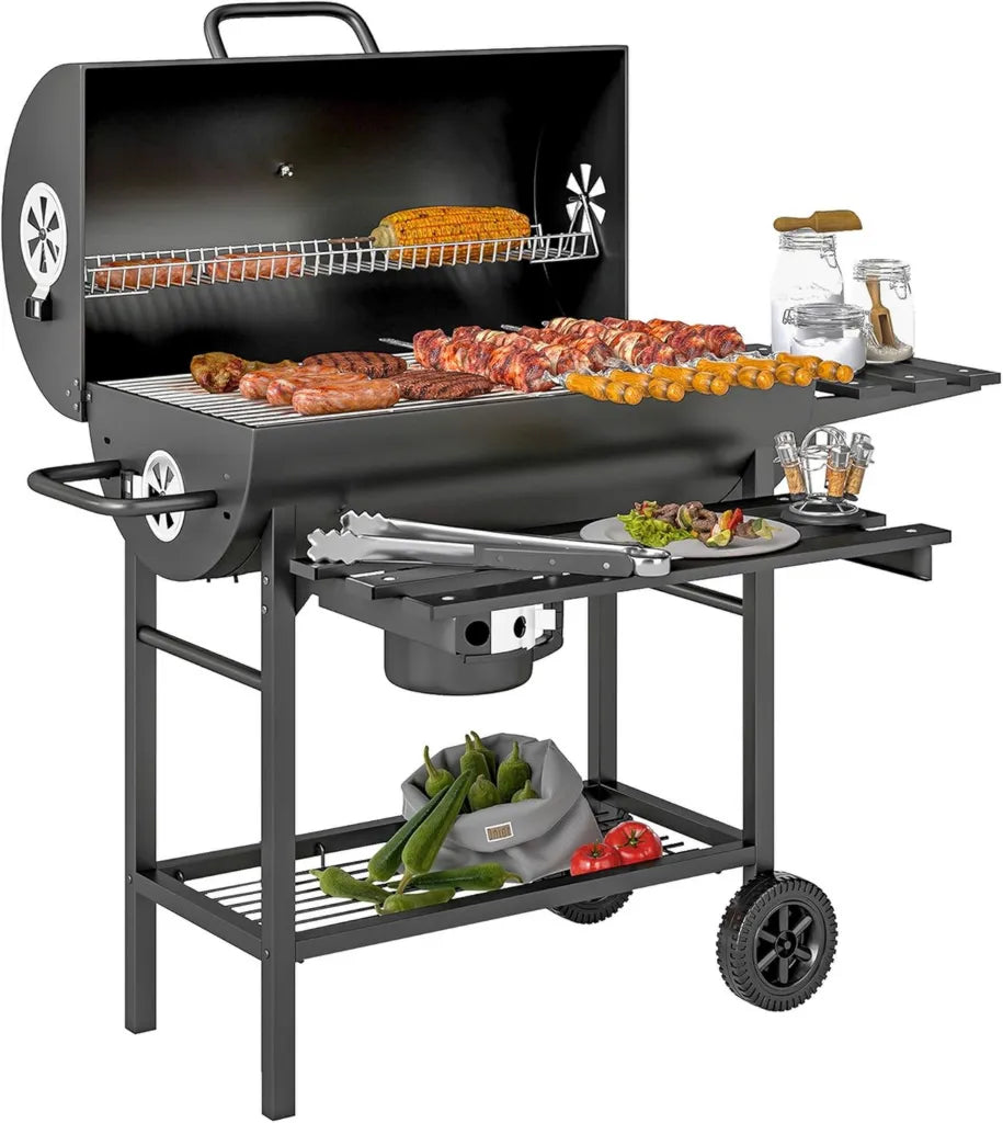 Przenośny grill węglowy Outsunny z termometrem, pokrywą i kółkami do ogrodu i tarasu, 114x65x95 cm