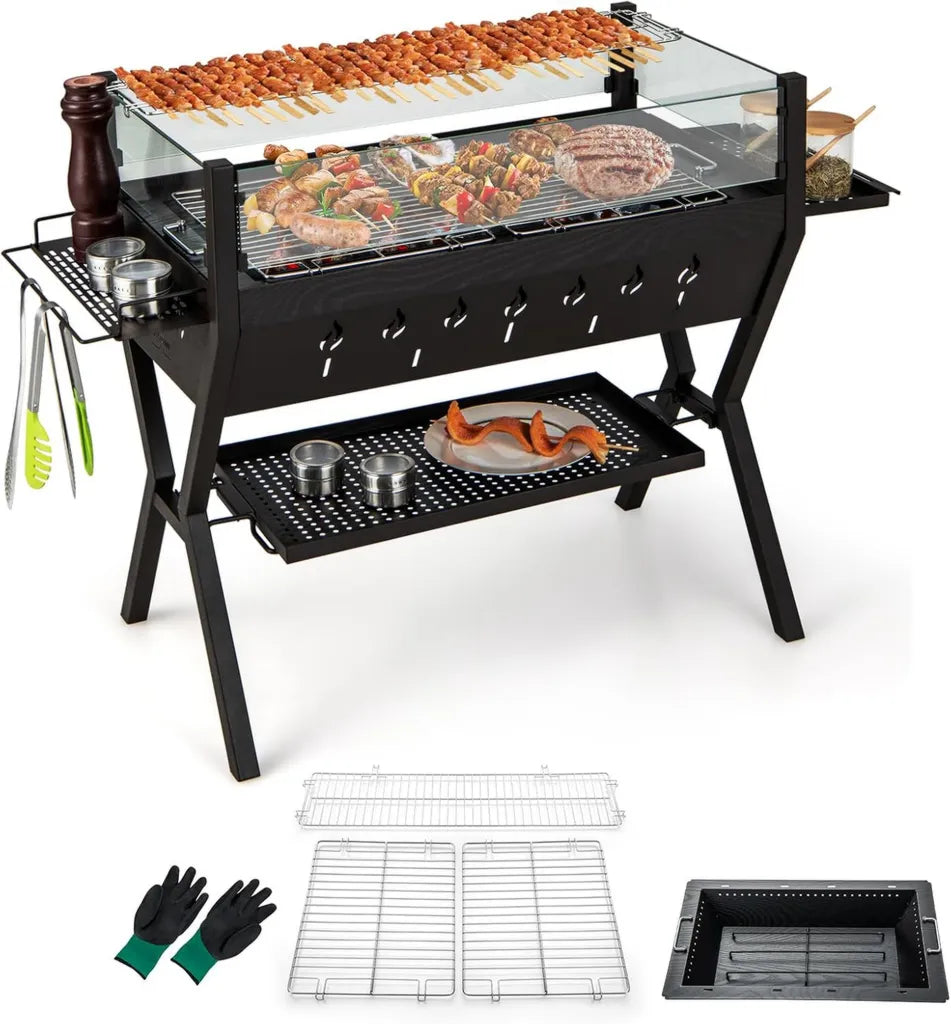 Grill węglowy z uchwytem na przyprawy i rękawicami, 3 w 1, czarny