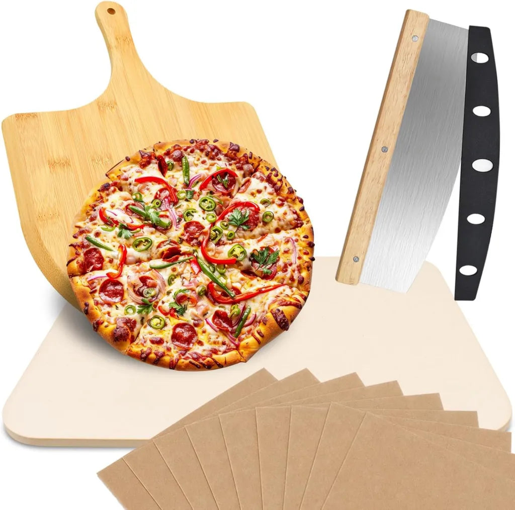 Prostokątny zestaw kamieni do pizzy 38x30 cm z łopatką bambusową i nożem kołyskowym