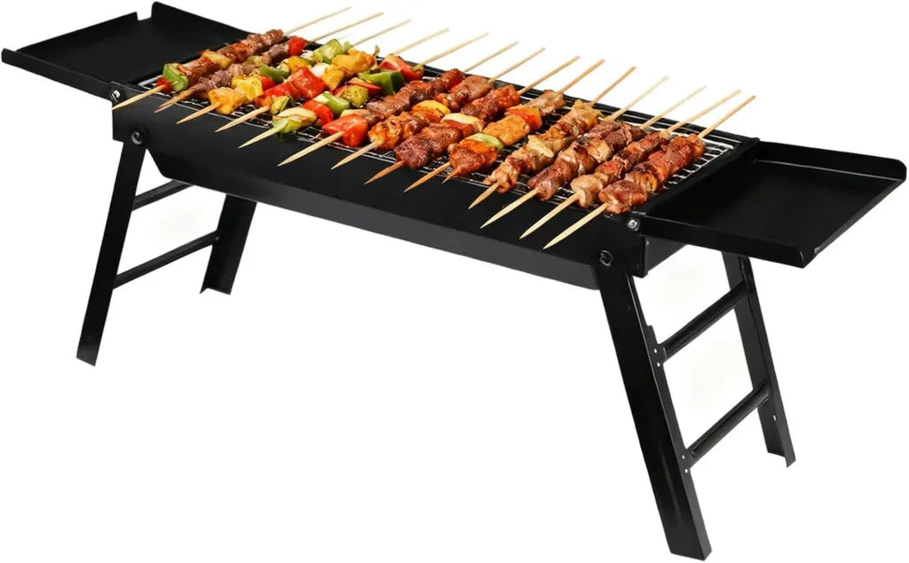 Stalowy grill węglowy składany z bocznymi półkami, idealny do ogrodu i na kemping