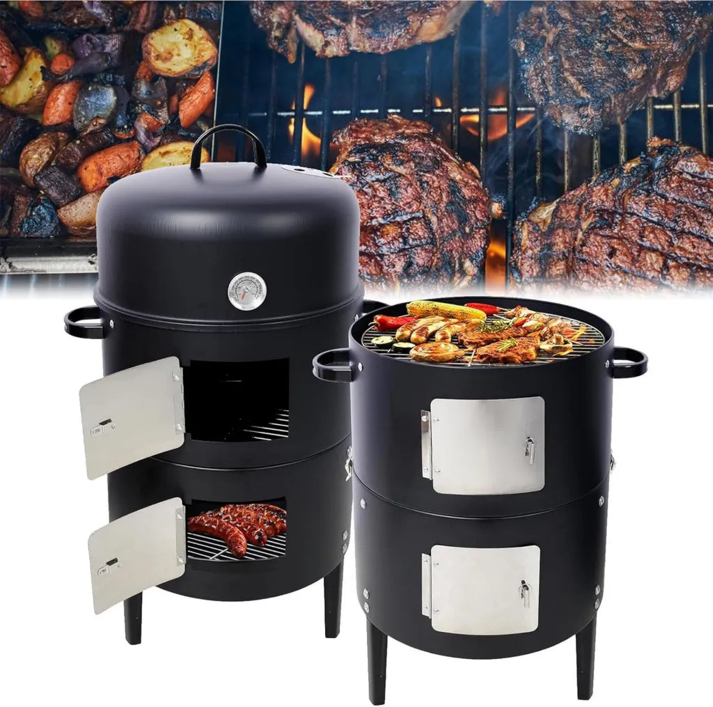 Wielofunkcyjny grill 3w1 z termometrem i miską olejową, stalowy, bezdymny, idealny na przyjęcia na świeżym powietrzu