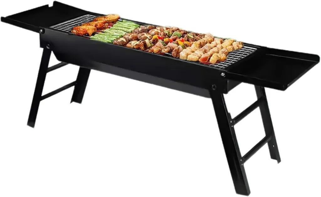 Kompaktowy grill węglowy z bocznymi półkami i regulacją wentylacji do ogrodu, kempingu i pikniku