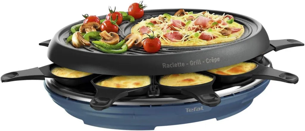 Tefal Raclette Colormania 3w1, powłoka nieprzywierająca, 8 miseczek, zmywarka, 1050 W, niebieska stal