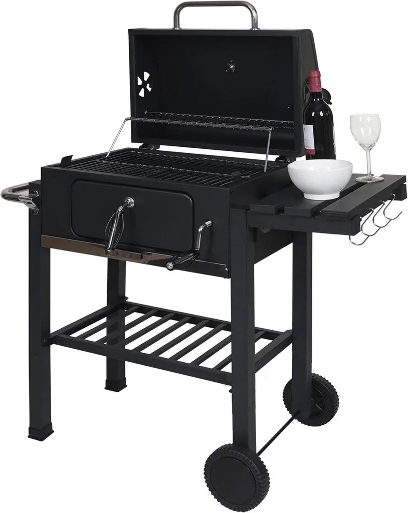 Mobilny grill węglowy HWC-K93 z pokrywą i półkami, stalowy, czarny, 110x100x51 cm