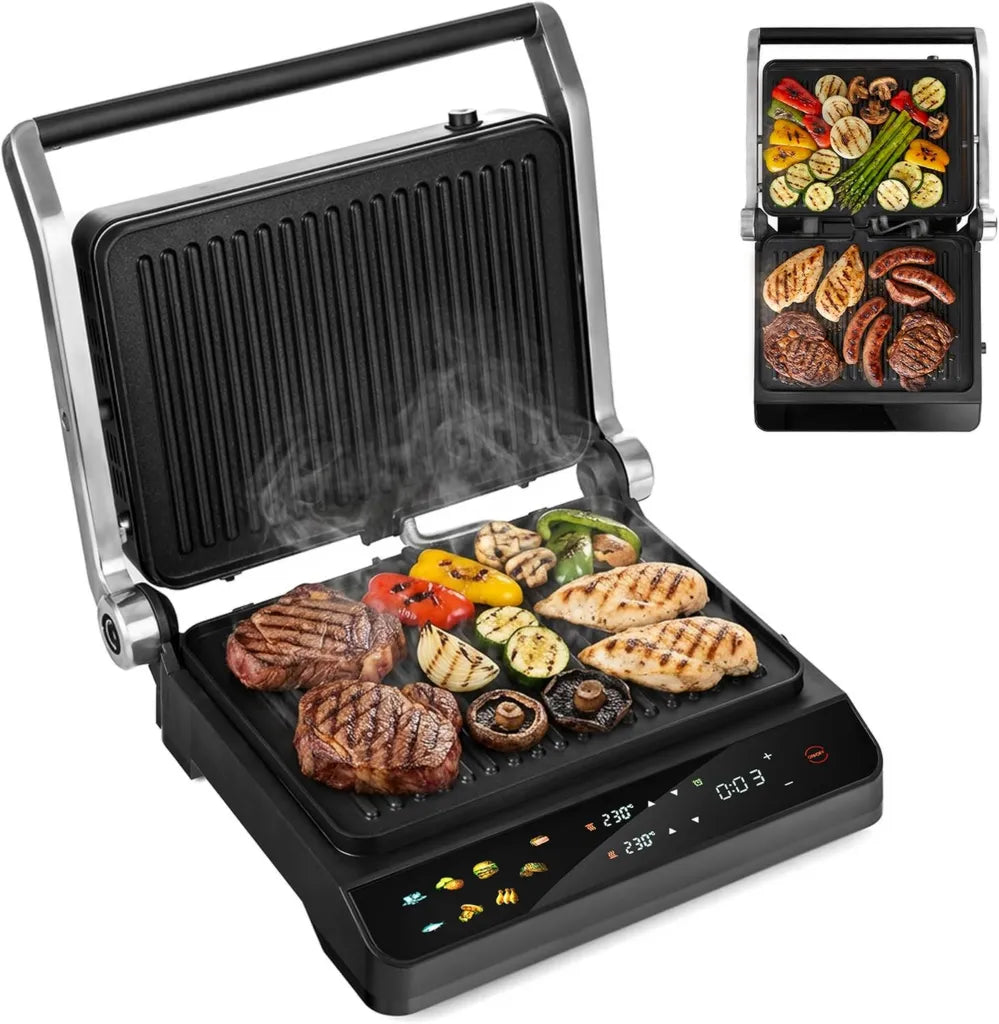 LEHMANN Grill Elektryczny 2000W, Rozkładany 180°, Zdejmowane Płyty, 10 Programów, Regulacja Temperatury 90-230°C, Timer 1-240 min