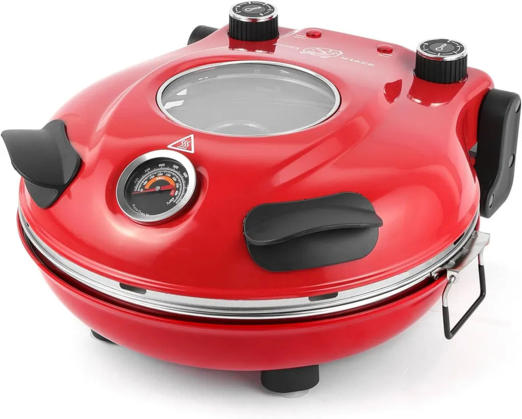 Elektryczny piec do pizzy z termometrem i szklanym oknem, szybkie pieczenie w 4 minuty, kamień 31 cm, 5 poziomów temperatury do 420°C, 1200W, czerwony