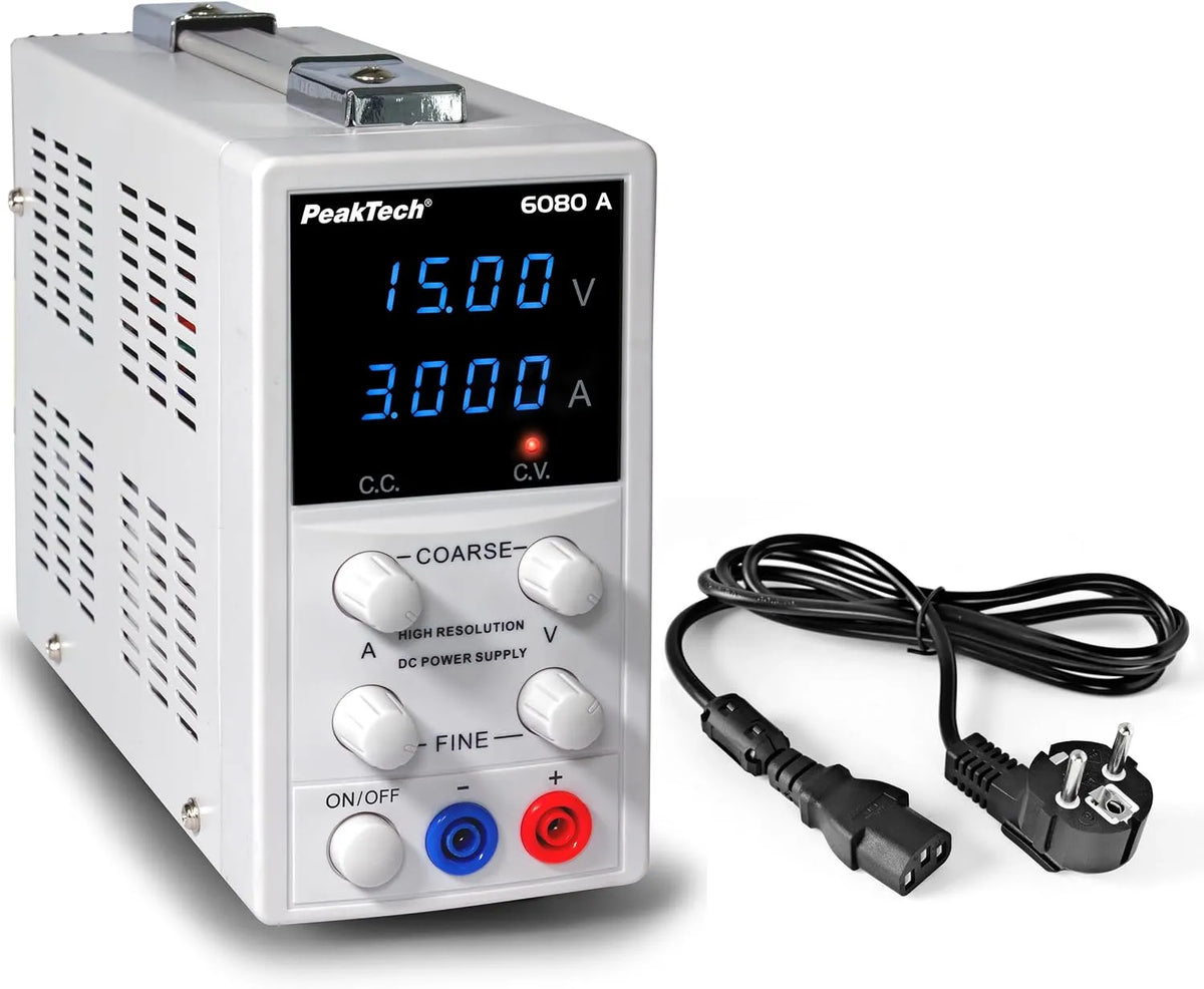 PeakTech Regulowany zasilacz laboratoryjny DC i zasilacz stołowy, 0-15 V, 6080 A, 0-3 A, z wyświetlaczem cyfrowym, do testów elektroniki i napraw