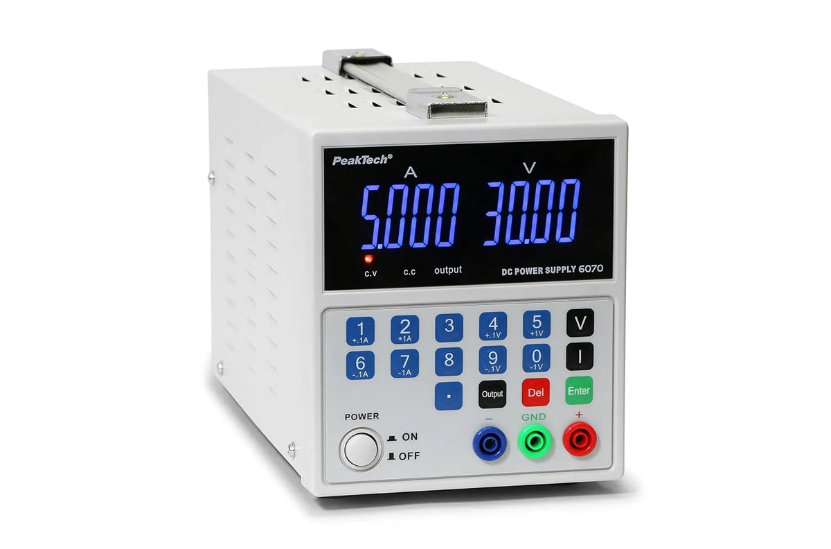 PeakTech Regulowany zasilacz laboratoryjny DC i zasilacz stołowy, 0-30 V, 0-5 A, do testów elektroniki i napraw