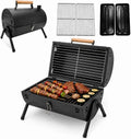 Kompaktowy grill kempingowy z wiaderkiem, czarny, zestaw do grillowania z 2 rusztami i drewnianym uchwytem