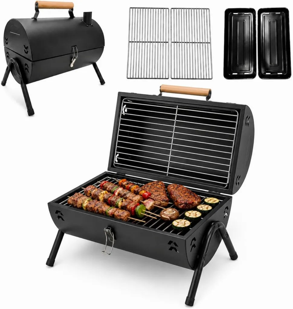 Kompaktowy grill kempingowy z wiaderkiem, czarny, zestaw do grillowania z 2 rusztami i drewnianym uchwytem