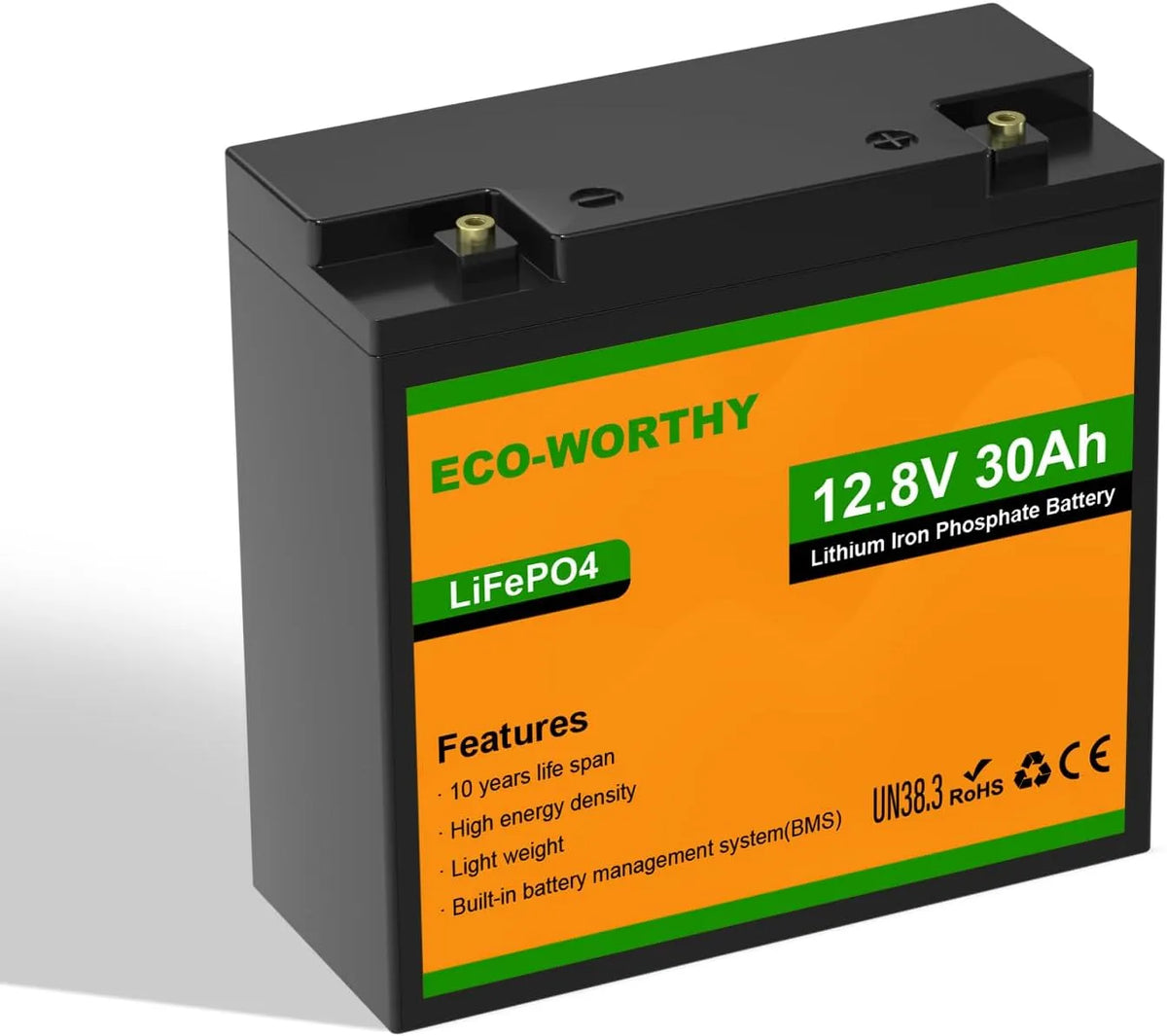 ECO-WORTHY LiFePO4 Akumulator litowy LiFePO4 i akumulator solarny głębokiego rozładowania, 30 Ah, 384 Wh, 12 V, 25 A, z BMS