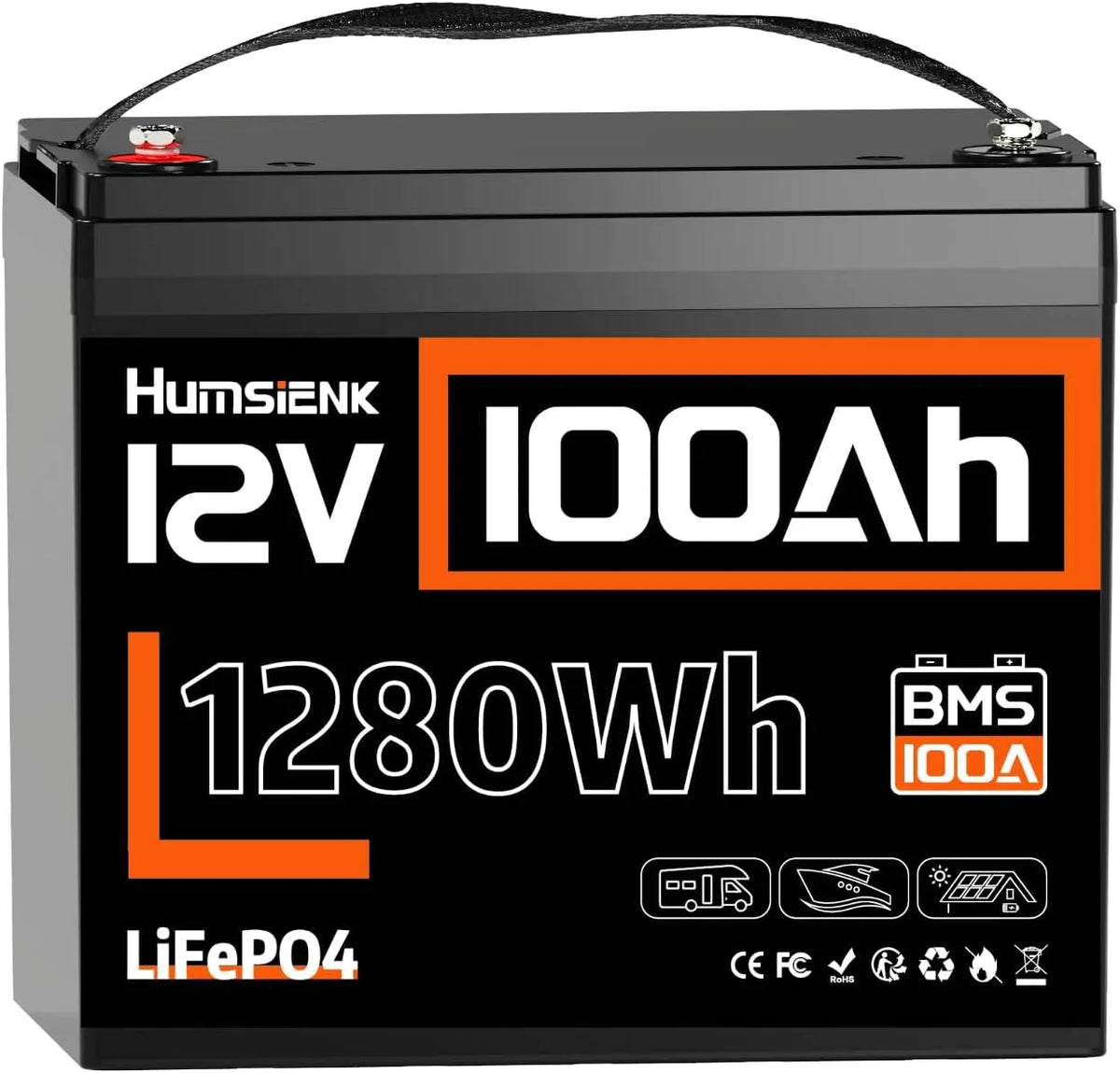 LiFePO4 Akumulator litowy LiFePO4 i akumulator solarny głębokiego rozładowania, 100Ah, 1280Wh, na kemping i do kampera, zasilanie słoneczne, z BMS