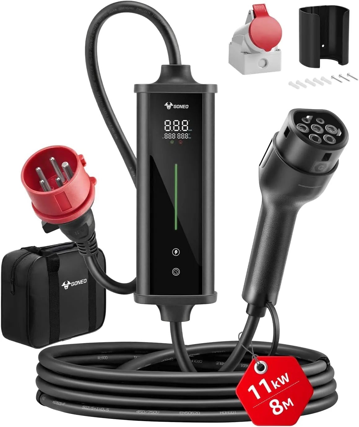 Kabel ładowania Typ 2 do samochodu elektrycznego i przewód EV Mode 3, 11 kW, 16 A, do pojazdu i zasilania mobilnego, z wyświetlaczem cyfrowym, 8 m
