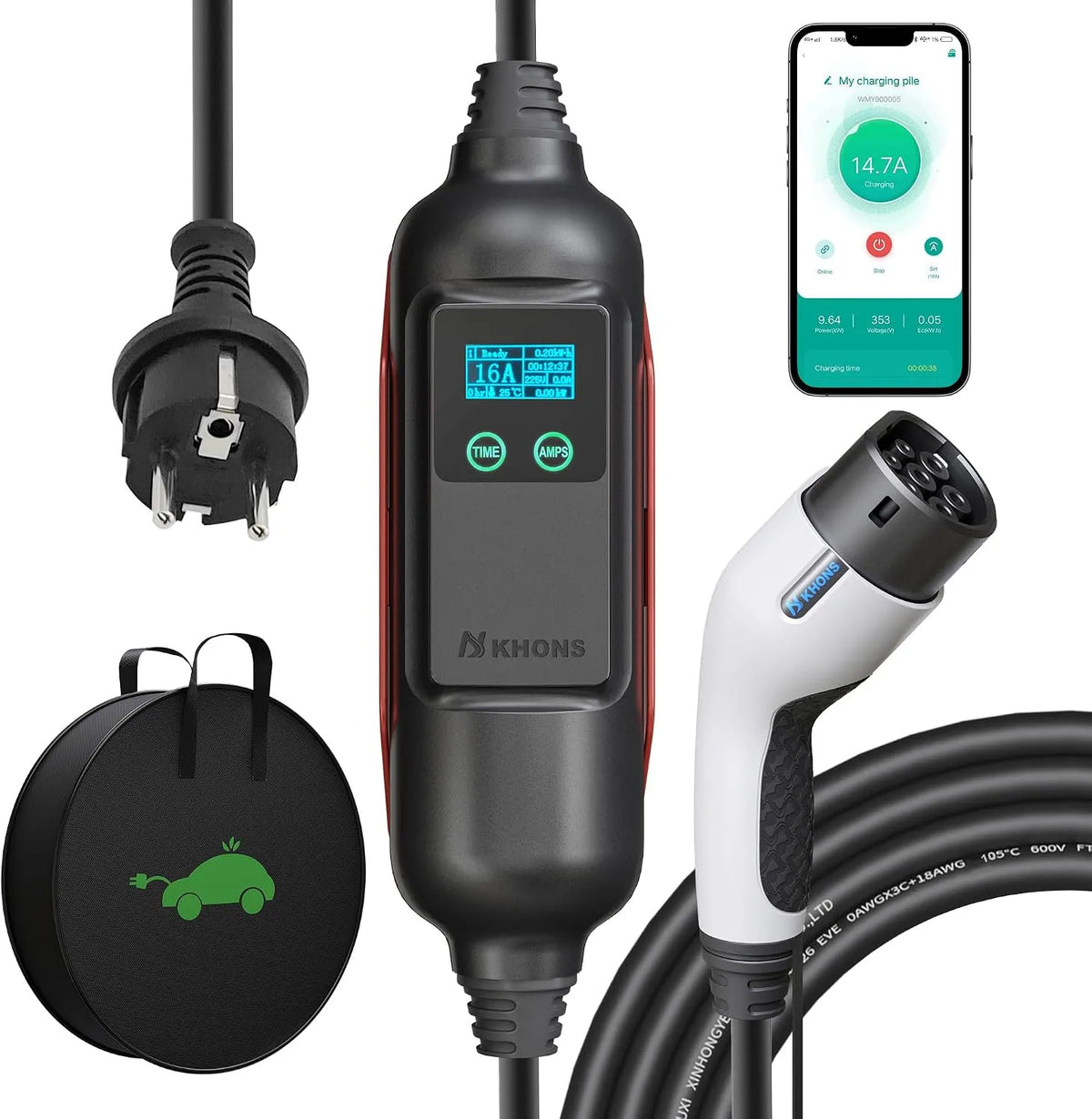 Kabel ładowania Typ 2 do samochodu elektrycznego i przewód EV Mode 3, sterowanie aplikacją, 3,7 kW, 16 A, IP65, jednofazowy