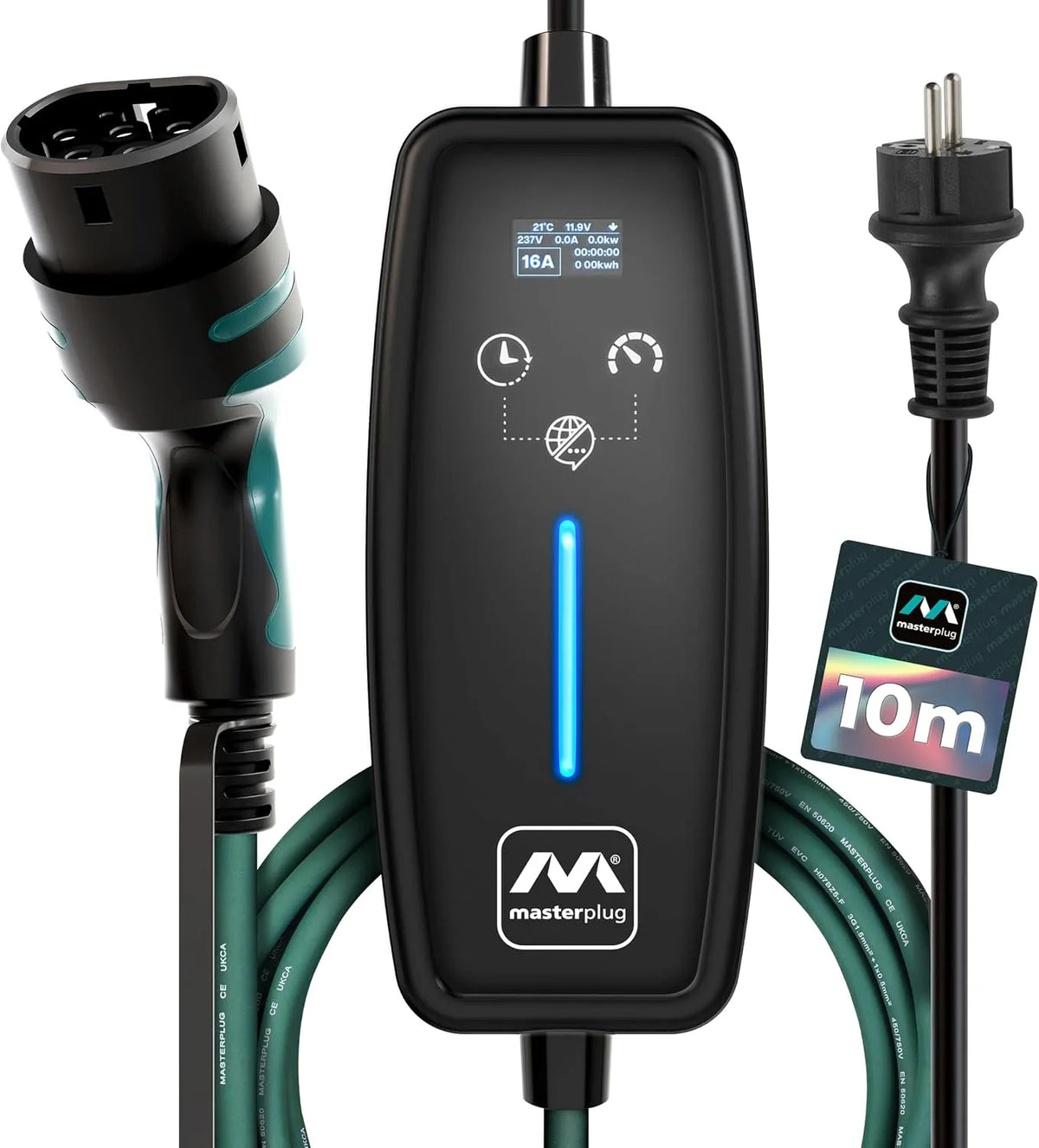 Masterplug 10 Metrów, Tryb 2, Wtyczka EU Schuko do Ładowarki Samochodowej Typu 2, 3.6kW, Kabel do Ładowania Pojazdów Elektrycznych i Hybrydowych
