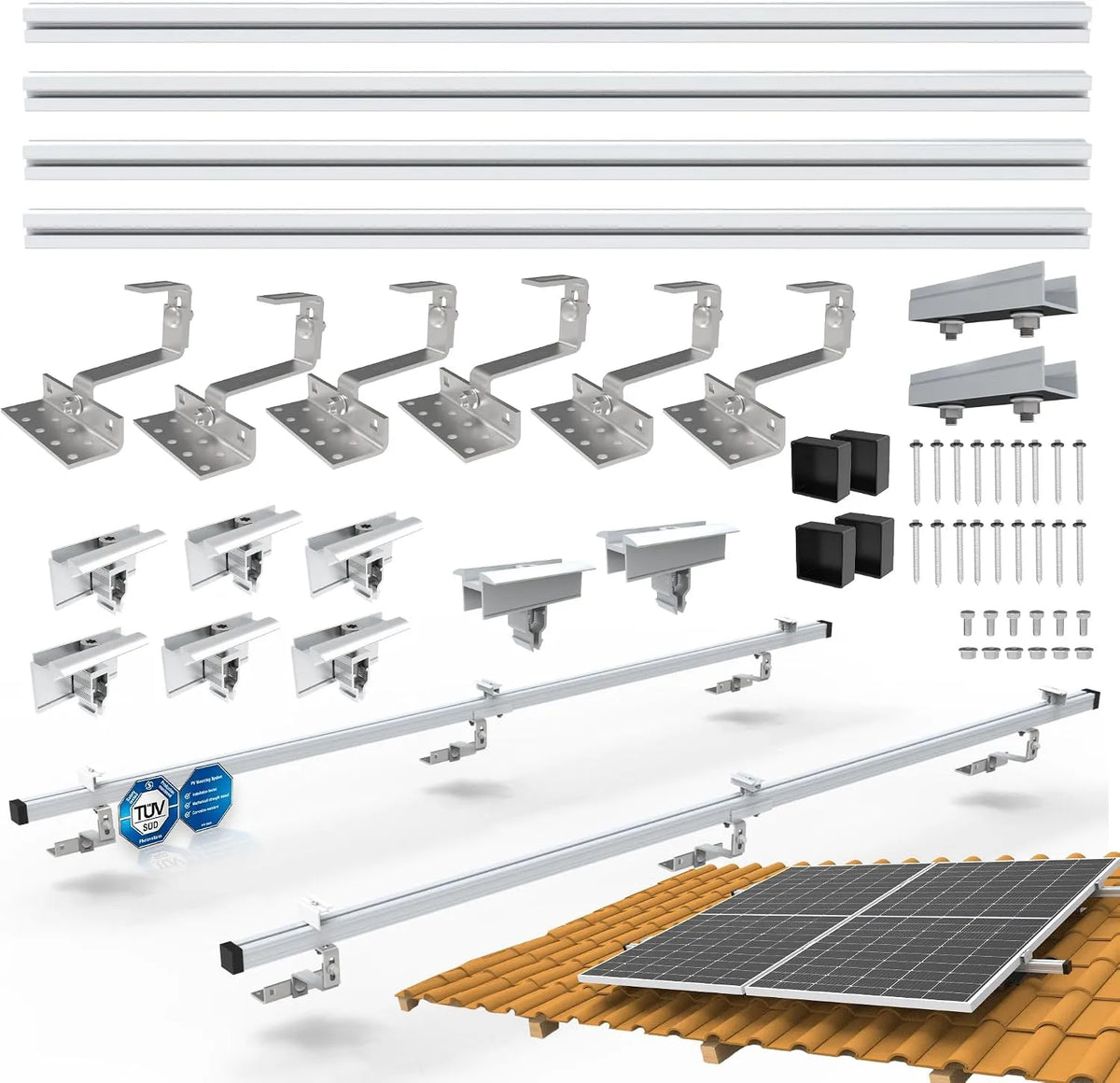 w zestawie solarny profil aluminiowy, zaślepki, PV fotowoltaiczny zestaw montażowy 2-częściowy zestaw montażowy dachówka dachówka szyna hak dachowy