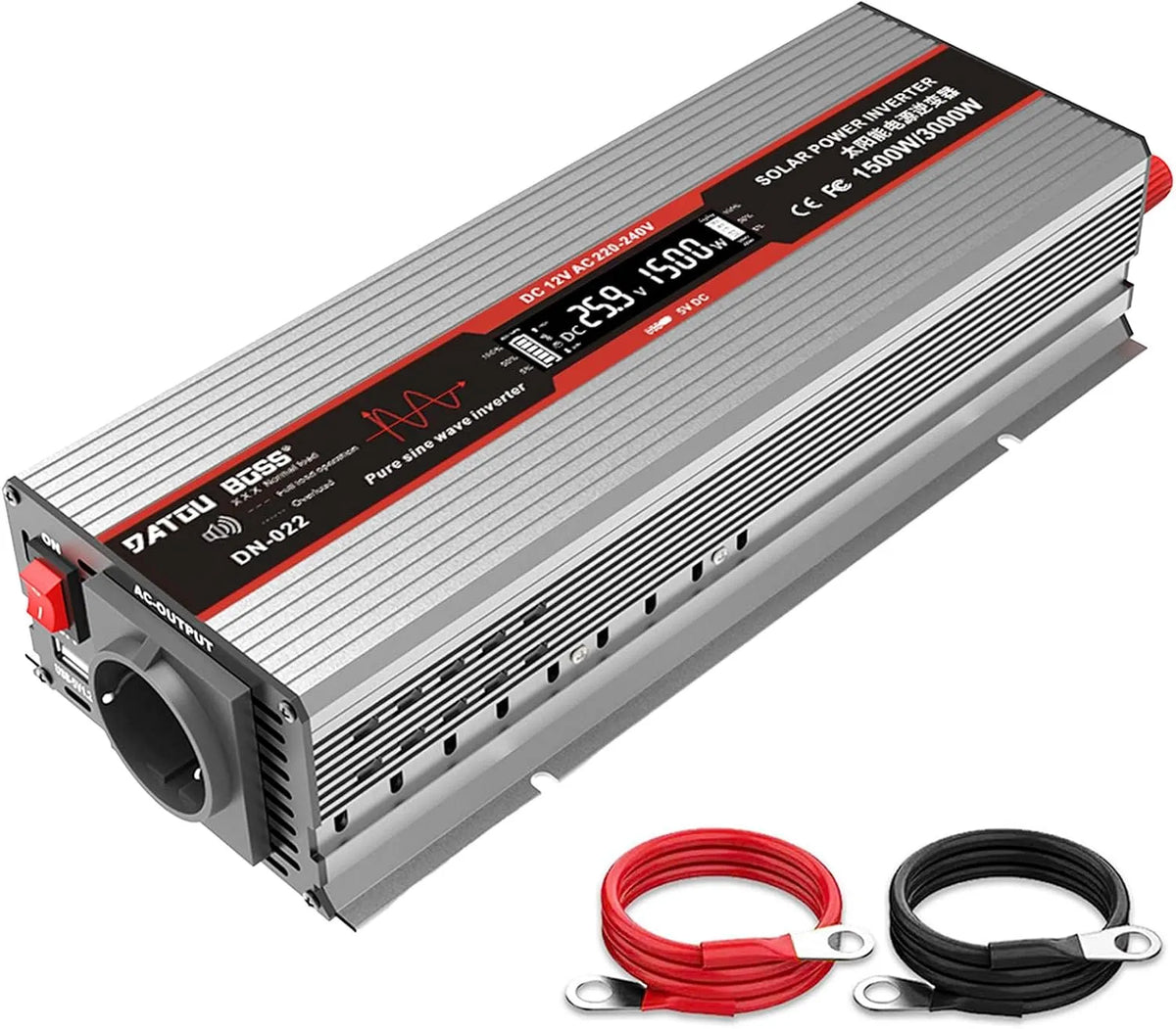 Przetwornica DC-AC i konwerter napięcia, z wyświetlaczem cyfrowym, 1500 W, 3000 W, 24 V, 230 V