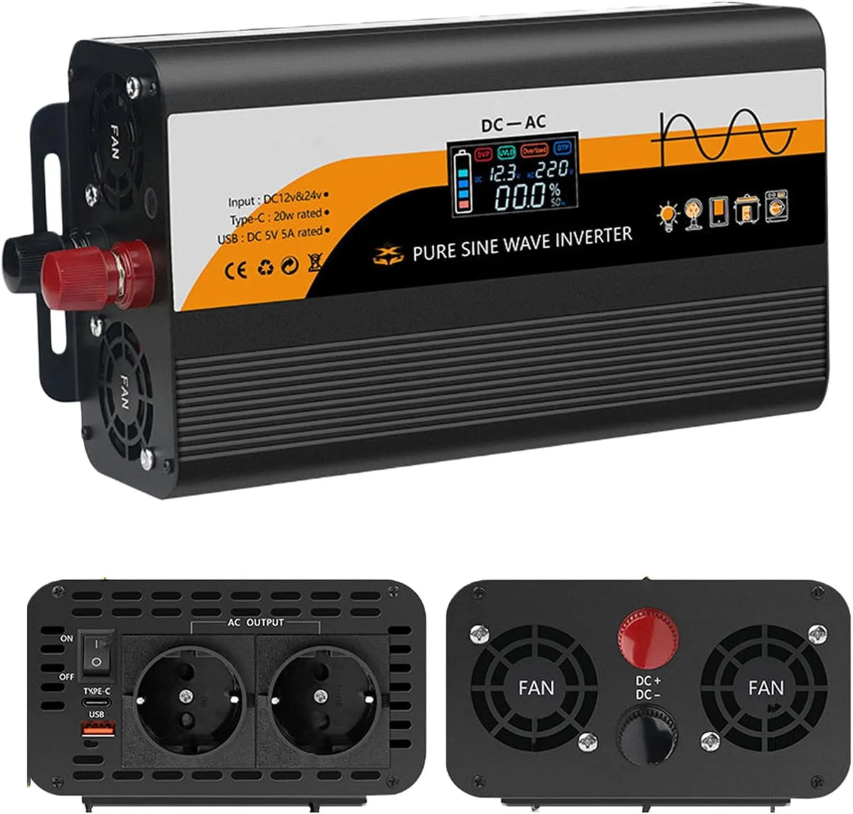 Przetwornica DC-AC i konwerter napięcia, 1300 W, 3000 W, 12 V, 24 V, z wyświetlaczem cyfrowym