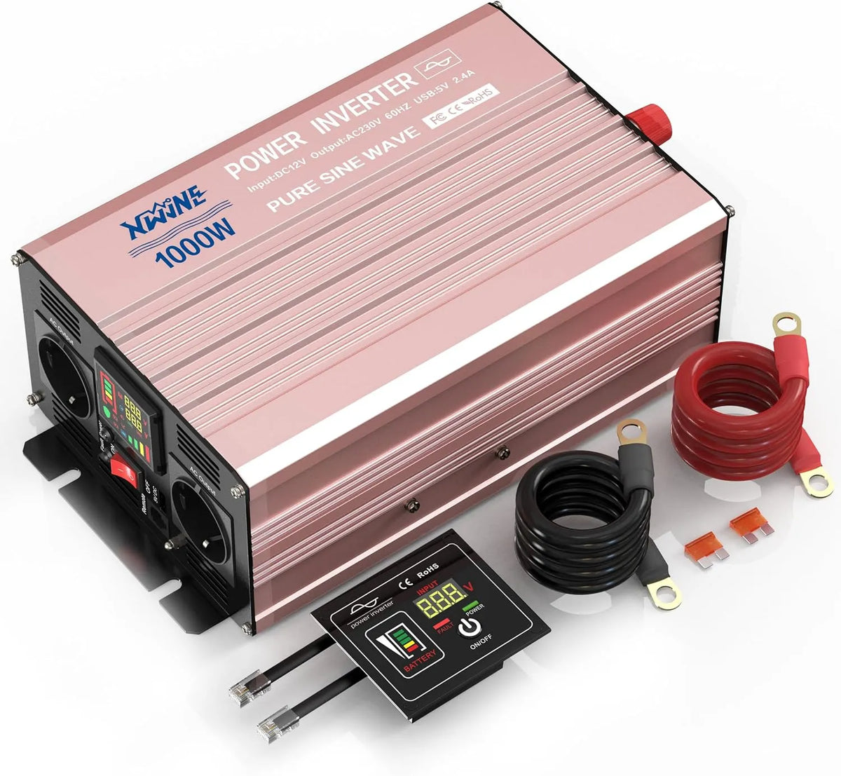 Przetwornica DC-AC i konwerter napięcia, 1000 W, czysta fala sinusoidalna, 12 V, 230 V, do pojazdu i zasilania mobilnego