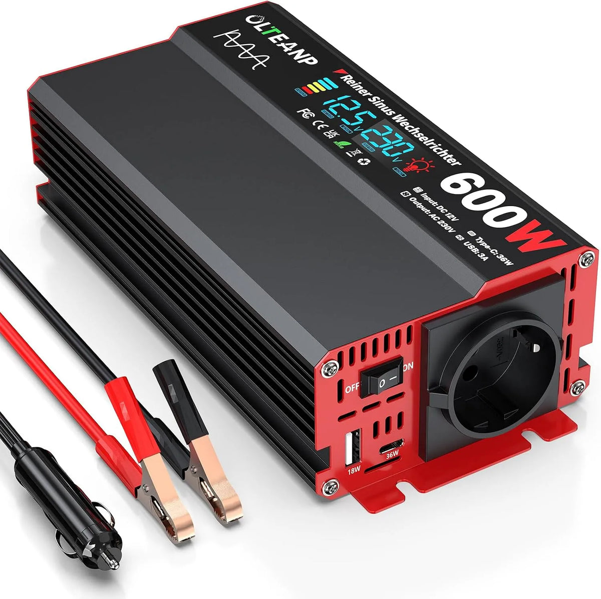 Przetwornica DC-AC i konwerter napięcia, 600 W, 36 W, z wyświetlaczem cyfrowym, 12 V, 230 V
