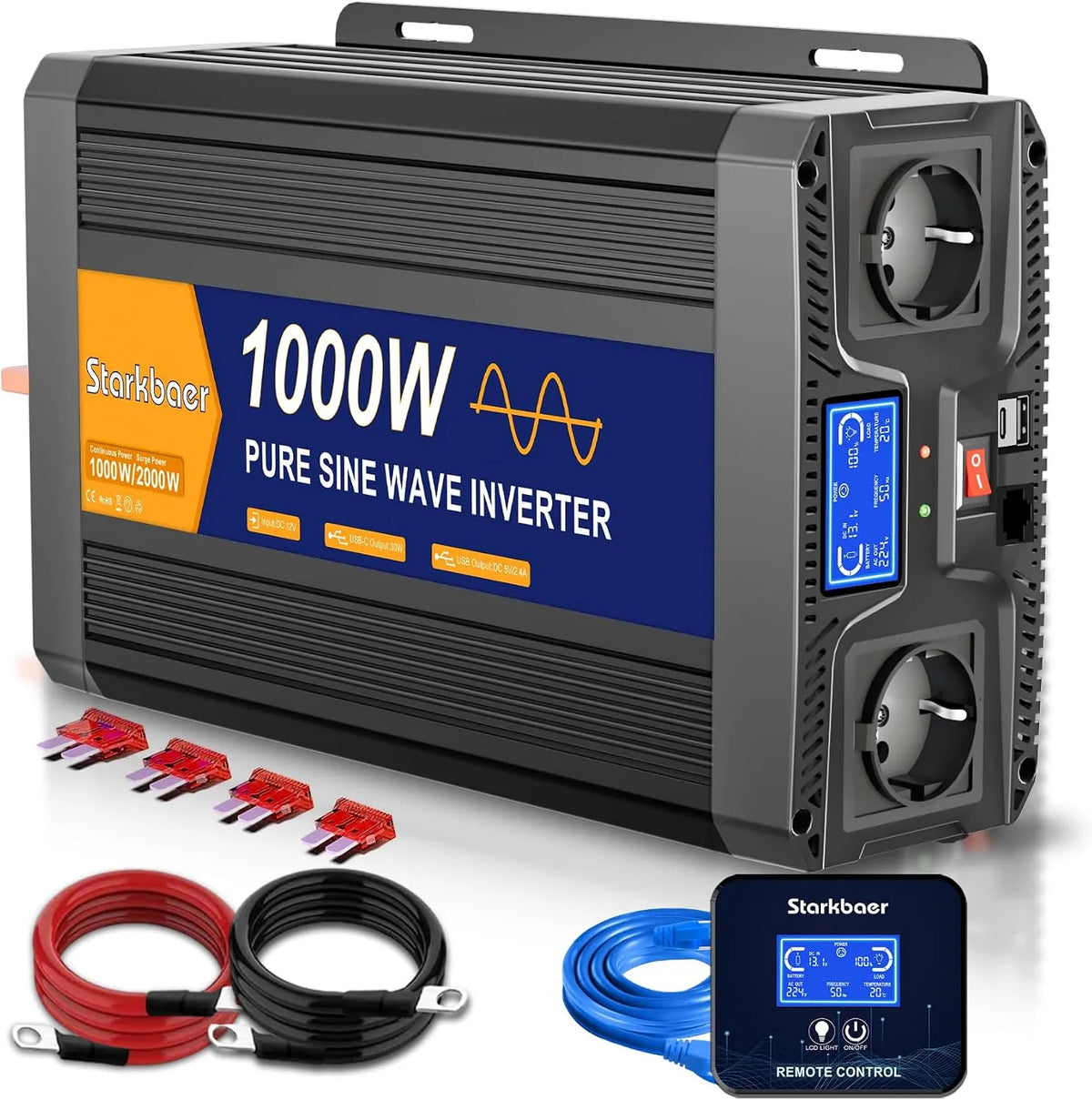 Przetwornica DC-AC i konwerter napięcia, 1000W, 12V, 230V, 4A, z USB-C, z wyświetlaczem cyfrowym