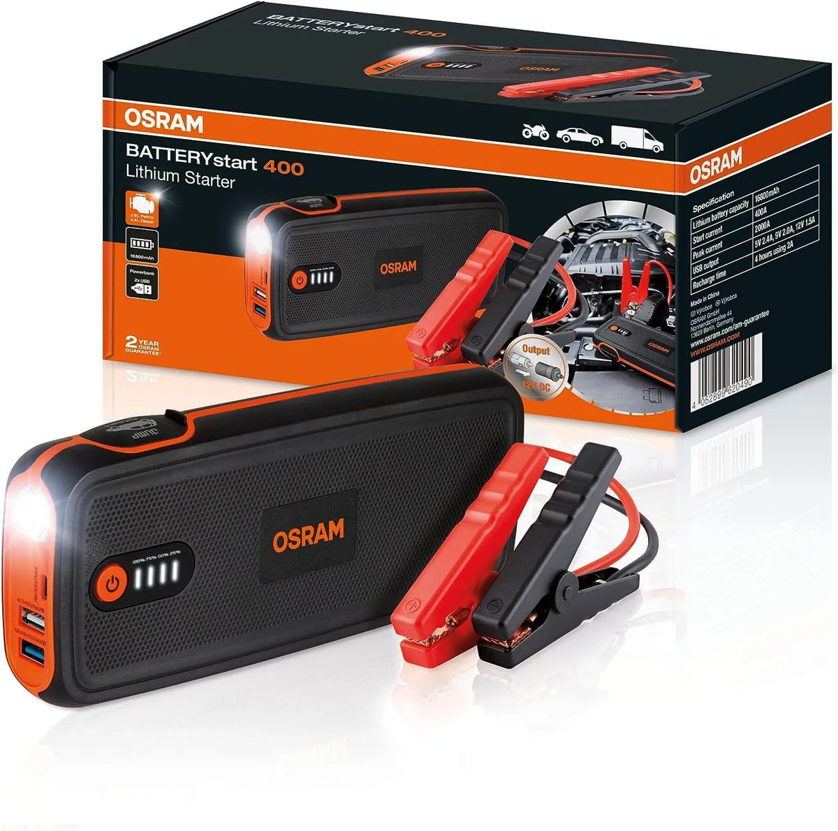 OSRAM BATTERYstart 400, rozrusznik samochodowy, 16800 mAh, rozrusznik akumulatora samochodowego do podróży