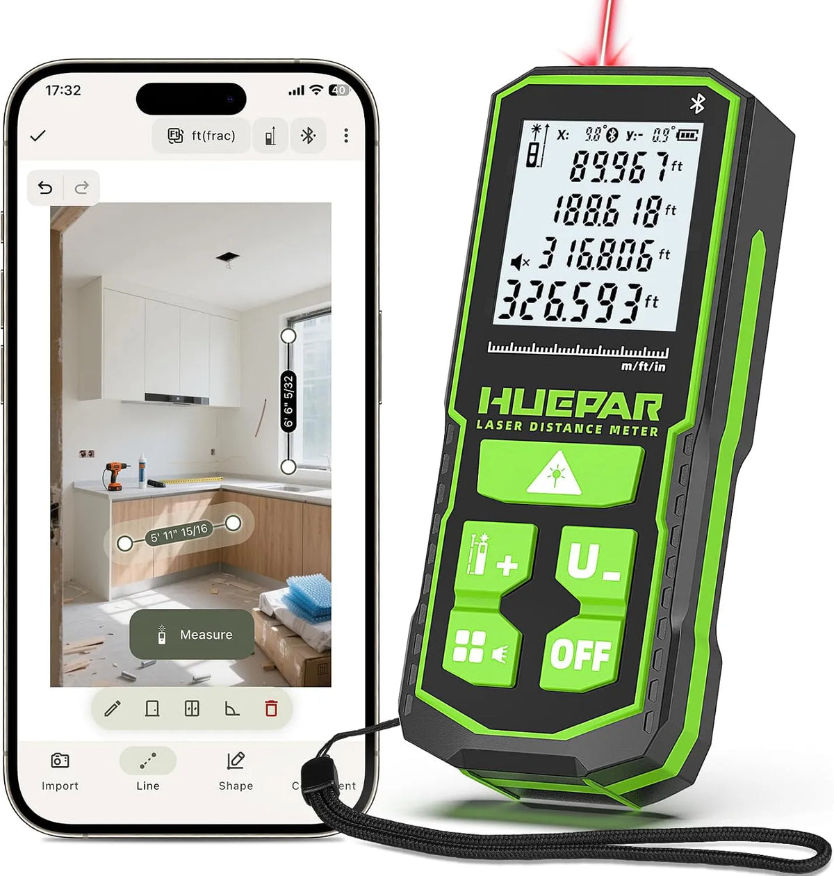 Huepar Laser Distance Measure 393Ft, 120M with Rechargeable Battery & Dual – S120, zasilanie akumulatorowe, z wyświetlaczem