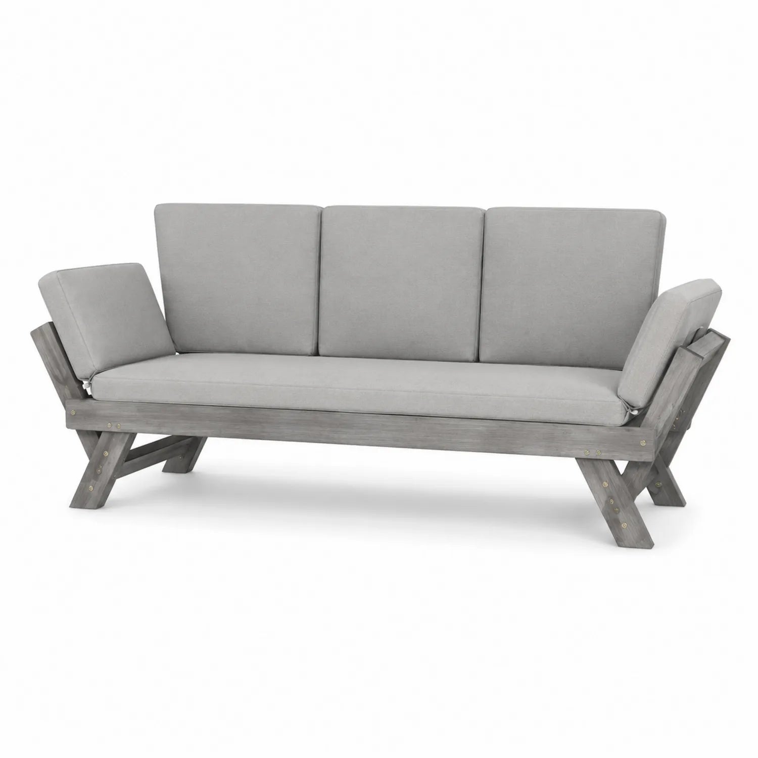 Sofa ogrodowa z szarymi poduszkami i regulowanymi podłokietnikami